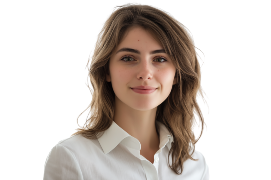woman with light brown hair and fair skin, dressed in white collared shirt
