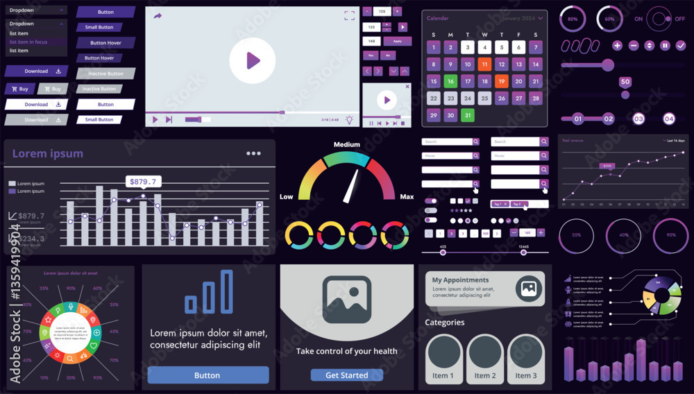 Poster set of modern interface elements for apps and websites: buttons, menus, graphs and charts for busine