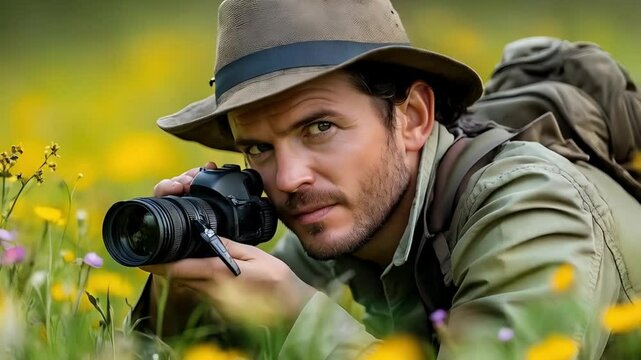 Video of a photographer in a field, capturing nature's beauty with a camera, outdoor exploration, copy space