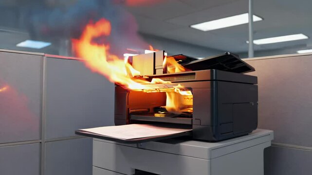 Office printer malfunction with fire hazard: intense flames engulfing copier in corporate workspace demanding urgent safety measures and emergency response