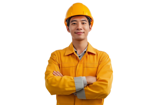 Smiling construction worker with crossed arms, looking confident