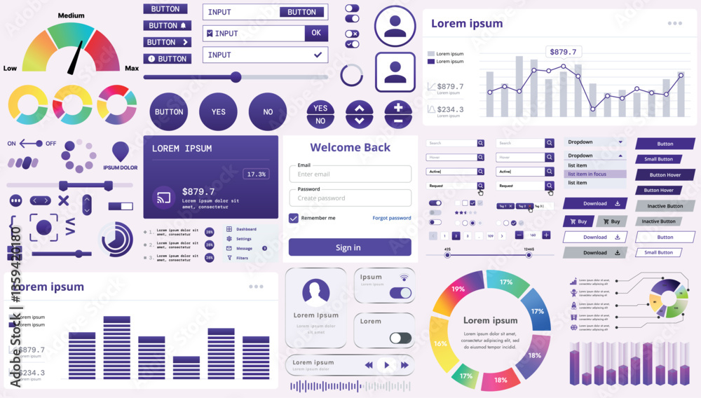 Poster set of modern interface elements for apps and websites: buttons, menus, graphs and charts for busine