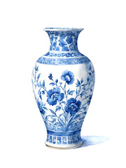 Obraz premium Blue and White Porcelain Vase: Elegant chinoiserie-style vase with intricate floral patterns in classic cobalt blue on a white ceramic surface.