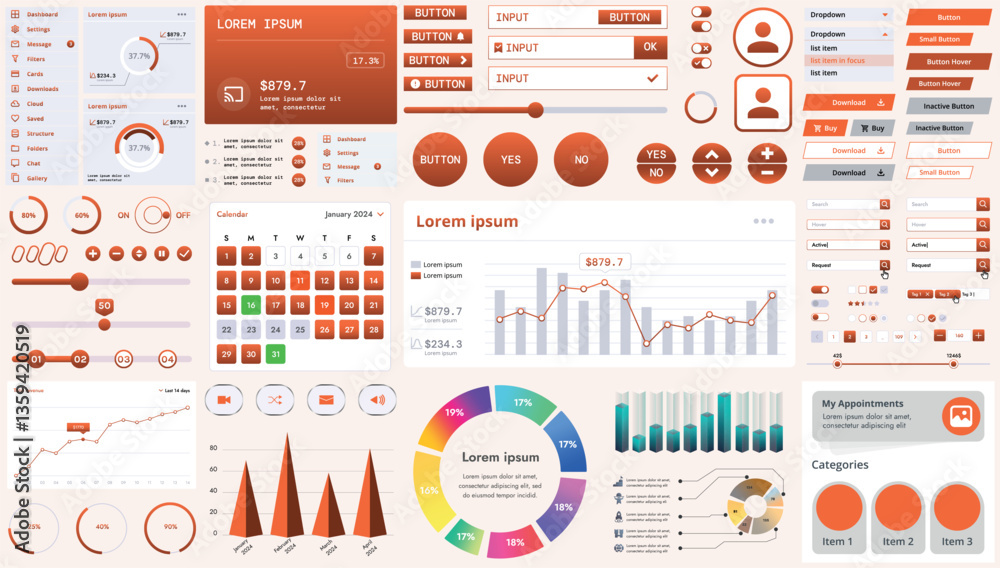 Poster set of modern interface elements for apps and websites: buttons, menus, graphs and charts for busine