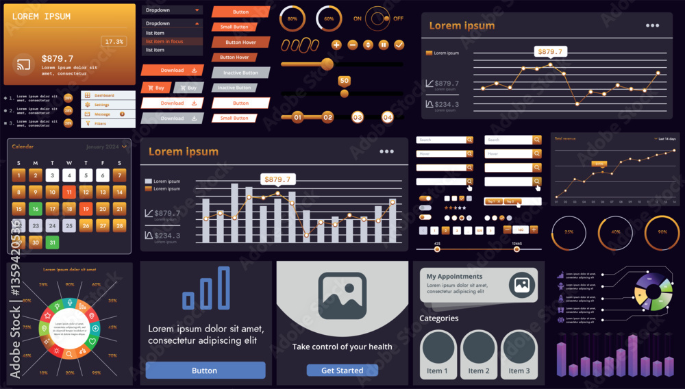 Poster set of modern interface elements for apps and websites: buttons, menus, graphs and charts for busine