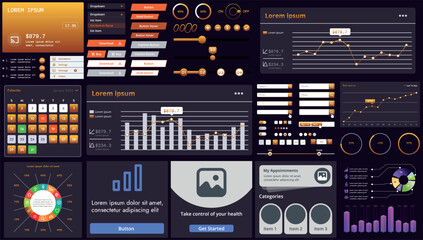 Set of modern interface elements for apps and websites: buttons, menus, graphs and charts for business, marketing and dashboards.