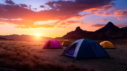 A scenic sunset view over mountains with colorful tents set up in a grassy camping area. Concept Scenic Sunset, Mountain Views, Colorful Tents, Grassy Camping Area, Nature Retreat