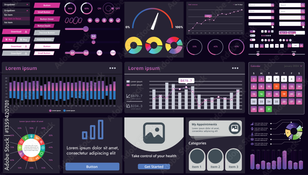 Poster set of modern interface elements for apps and websites: buttons, menus, graphs and charts for busine