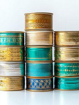 A stack of colorful intricately patterned metal tins arranged against a plain white background showcasing a variety of golds and turquoise hues.
