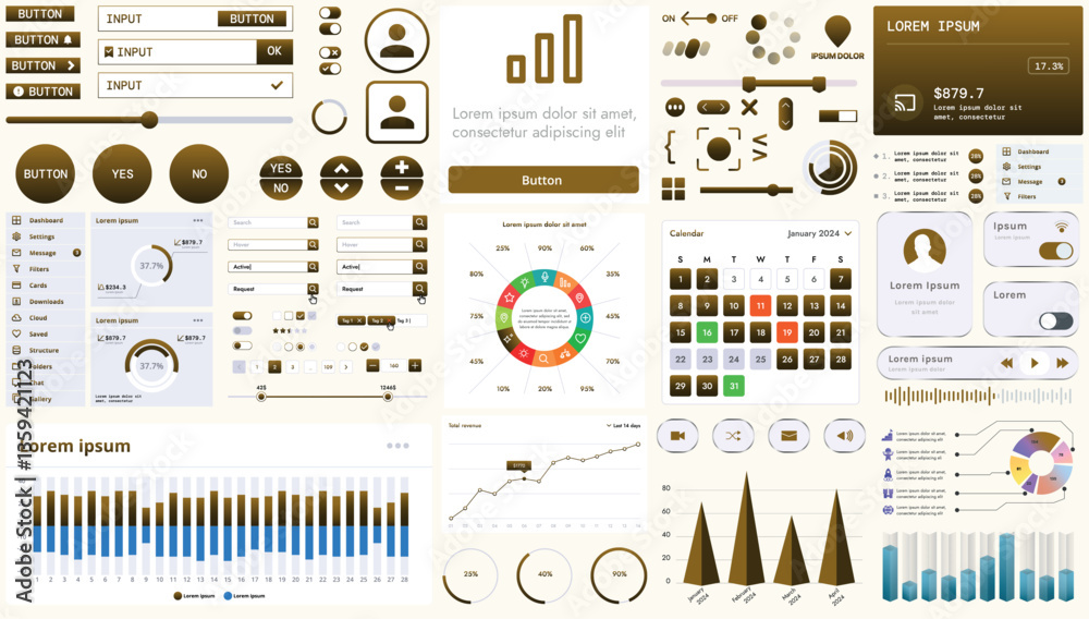 Poster set of modern interface elements for apps and websites: buttons, menus, graphs and charts for busine