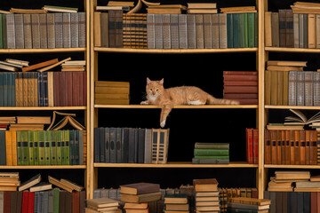 Stacks of many books, red cat lying on library shelves. Concept of old classic literature, reading,...