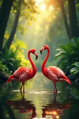 Fototapeta premium Vibrant flamingos wading in lush jungle under golden sunlight, lush, forest