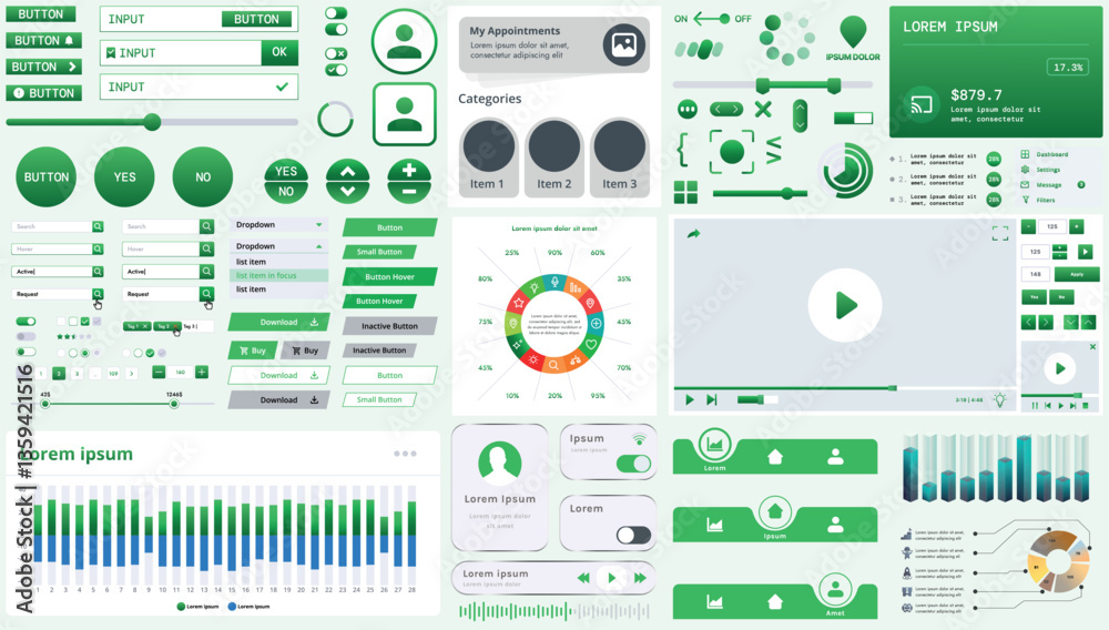 Poster set of modern interface elements for apps and websites: buttons, menus, graphs and charts for busine