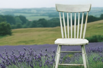 Rustic White Chair in Lavender Field Landscape