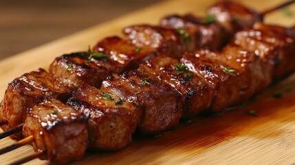 Delicious grilled meat skewers.  Juicy, flavorful cubes of meat, perfectly seared on wooden skewers.  A close-up view shows a rich, browned exterior