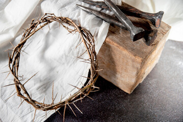 Crown of Thorns and Holy Nails associated with the Passion of Jesus Christ. Symbol of the...