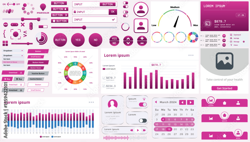 Poster set of modern interface elements for apps and websites: buttons, menus, graphs and charts for busine