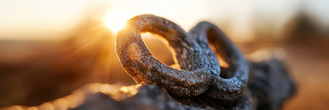 Frost-Covered Metal Chain Links at Sunset - Powered by Adobe
