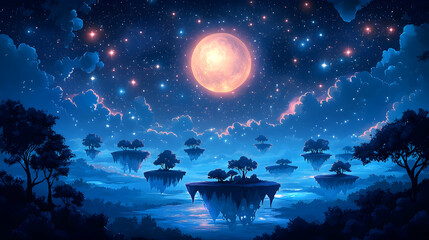 Obraz premium A serene nightscape with floating islands under a luminous moon surrounded by starry skies and dreamy clouds in calming