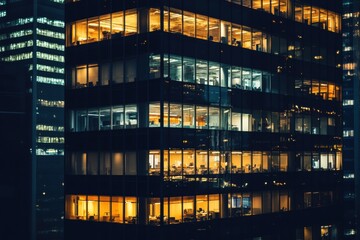 Office building with illuminated windows at nighttime