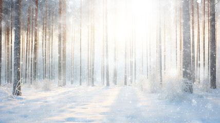 Fototapeta premium snowfall in the morning misty forest, landscape wildlife of winter, sun rays between the trees, seasonal calendar abstract background copy space December or January