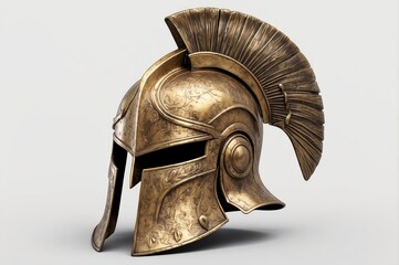 Ornate bronze Greek helmet with a high plume, angled view on white background.