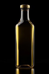 Tall glass bottle of olive oil with no label against black background
