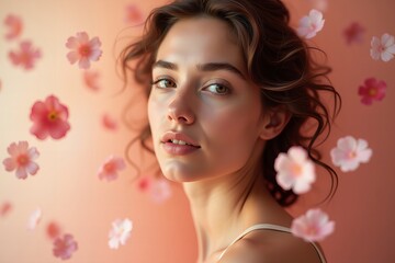 Fototapeta premium Serene portrait of a woman enveloped in delicate flower petals, radiating a dreamy aura