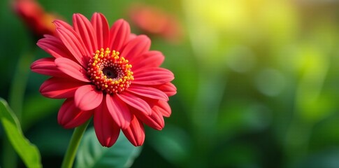 Vibrant gerbera flower with long green stem in bright sunlight, petal, long stem, vibrant