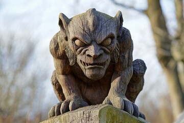 Fototapeta premium Grendel. Ancient Stone Statue of a Demon Monster at West Stow Country Park, Suffolk UK