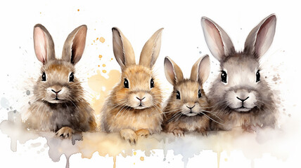 Obraz premium a group of watercolor rabbits isolated on a white background, illustration for children