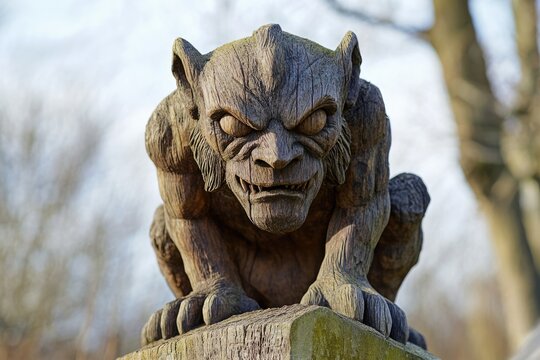 Grendel. Ancient Stone Statue of a Demon Monster at West Stow Country Park, Suffolk UK