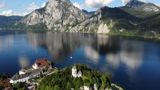 Austria drone footage. Traunkirchen on beautiful Lake Traun (Traunsee) in Traunviertel region.