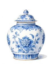  Blue and White Porcelain Ginger Jar: Traditional chinoiserie ginger jar adorned with intricate blue floral and ornamental designs.