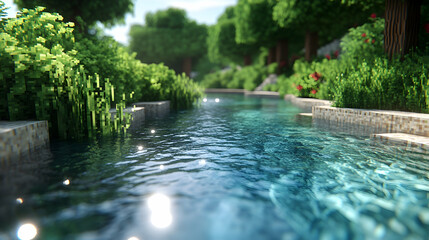 Fototapeta premium A serene river flows through pixelated banks bordered by lush greenery and vibrant red flowers in a blocky stylized la