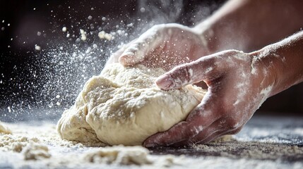 Obraz premium Classic pastry preparation scene: flour-covered hands kneading dough, overhead lighting, isolated against a dark background
