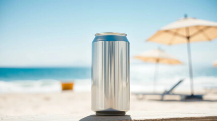 Tall silver can bottle, close-up. Space for design, drink can on the beach, blue sky
