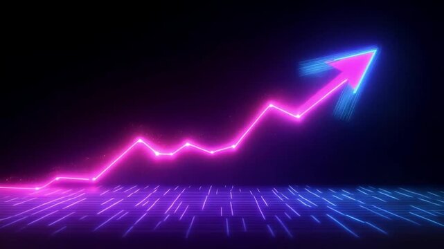 Vibrant animation background, glowing neon arrow with upward trend, glowing statistics, copy space