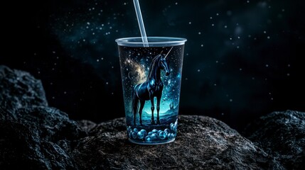 Magical unicorn drink cup cosmic themed beverage fantasy environment creative viewpoint for unique experience