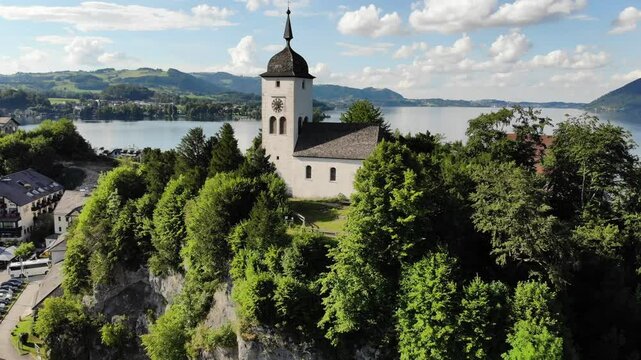 Austria drone view. Traunkirchen on beautiful Lake Traun (Traunsee) in Traunviertel region.