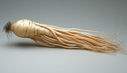 Close up image showing a root vegetable on gray background