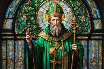 Fototapeta premium Stained glass depiction of St. Patrick, holding a bishop's staff, with shamrocks.