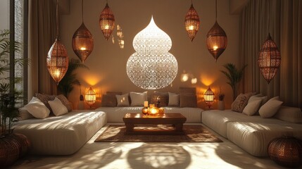 A serene living room adorned with symmetrical hanging lanterns in geometric patterns