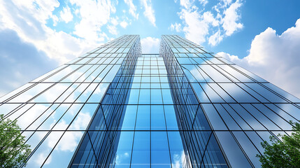 Obraz premium Modern Glass Skyscraper Reflecting Blue Sky and Clouds, Worm's Eye View of Urban Architecture, Business District