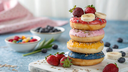A vibrant stack of colorful fruit-topped donuts, a delightful treat perfect for a summer brunch, bathed in soft, natural light.