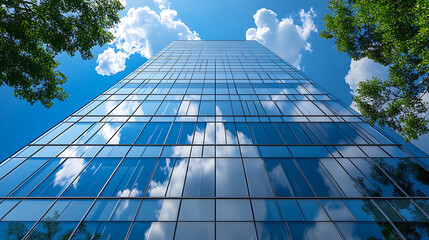 Modern Glass Skyscraper Reflecting Blue Sky and Clouds with Green Trees, Upward View, Futuristic Architecture