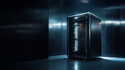 Futuristic metallic security vault in dark room.