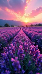 Naklejka premium Vibrant lavender field under pastel sunset sky, nature, field, purple
