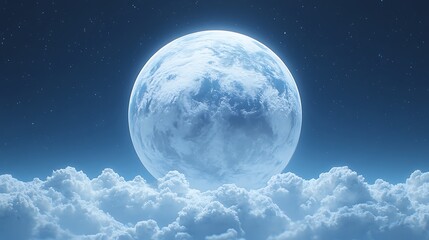 Obraz premium Floating Snowball Sphere in Clear Blue Sky, A large, textured sphere resembling a snowball floats above a flat, snowy surface against a clear blue sky
