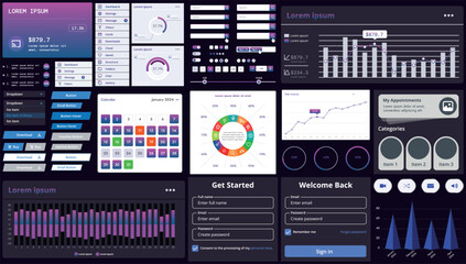 A set of modern interface elements for business applications and websites: buttons, charts, menus, graphs, and other interactive components for easy navigation and analytics.